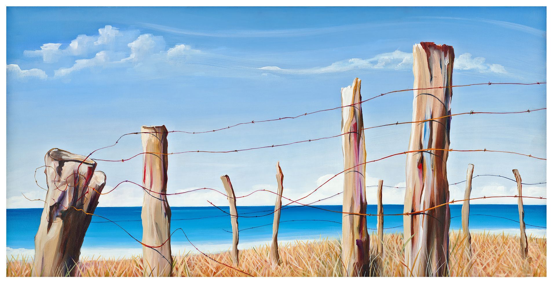 A painting of weathered wooden fence posts with barbed wire against a background of golden grass, ocean, and blue sky.