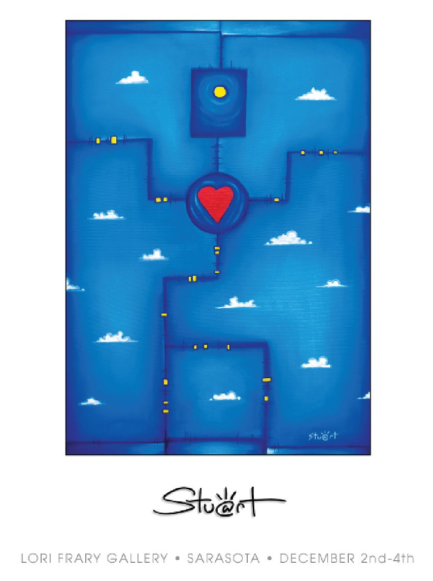 Event flyer for Stu-Art 2010 featuring a blue abstract painting with a red heart, at Lori Edary Gallery, Dec 2nd–4th.