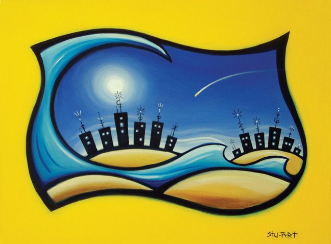 A stylized painting of silhouetted buildings on islands surrounded by blue waves under a bright, yellow-bordered sky.