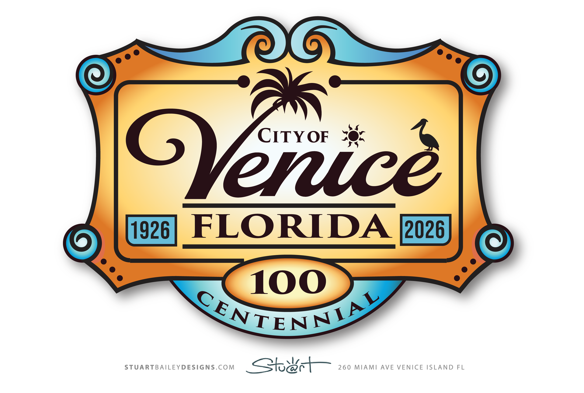 City of Venice, Florida centennial logo in orange, blue, and black with “1926” and “2026” on a light background