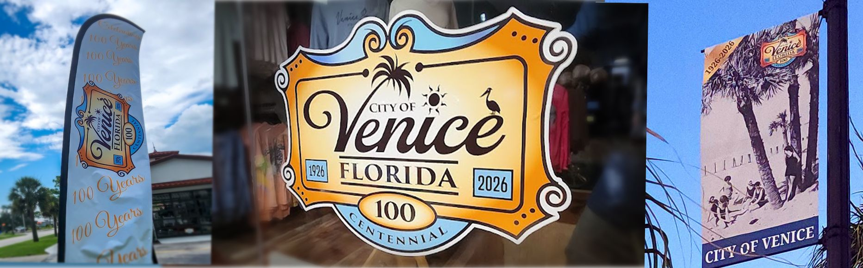 logo for City of Venice Florida includes the words  City of Venice Florida Centennial 1926 2026 in a scroll style frame
