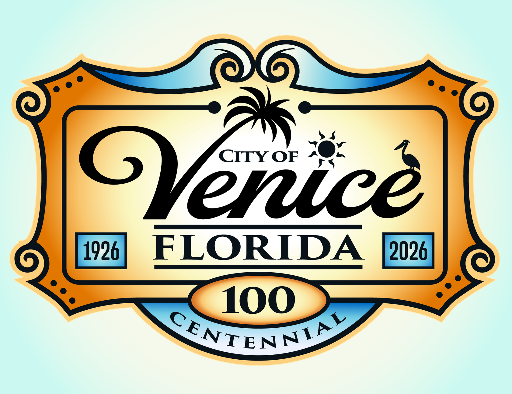 Gold and blue logo for the City of Venice, Florida, 1926-2026 Centennial, featuring a palm tree, sun, and pelican.
