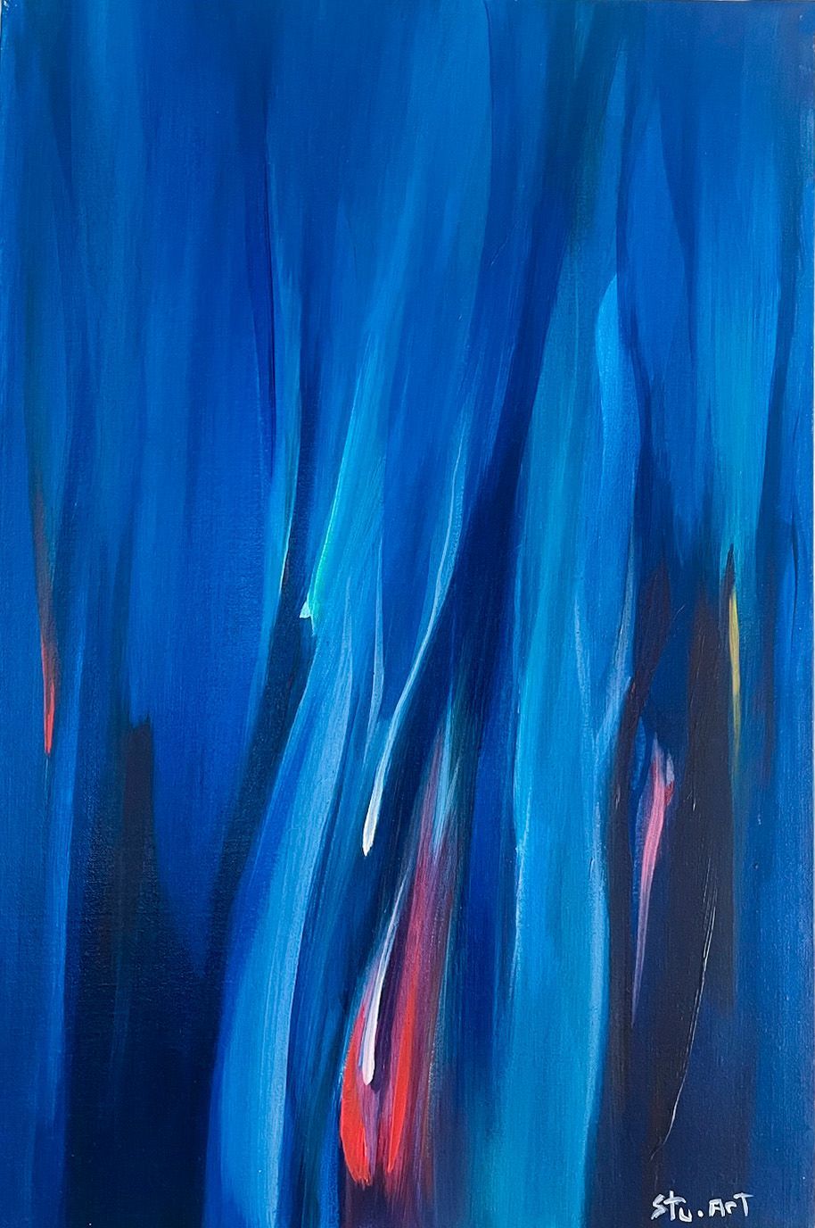 An abstract painting featuring vertical, flowing brushstrokes of varying shades of blue with hints of red and dark tones.