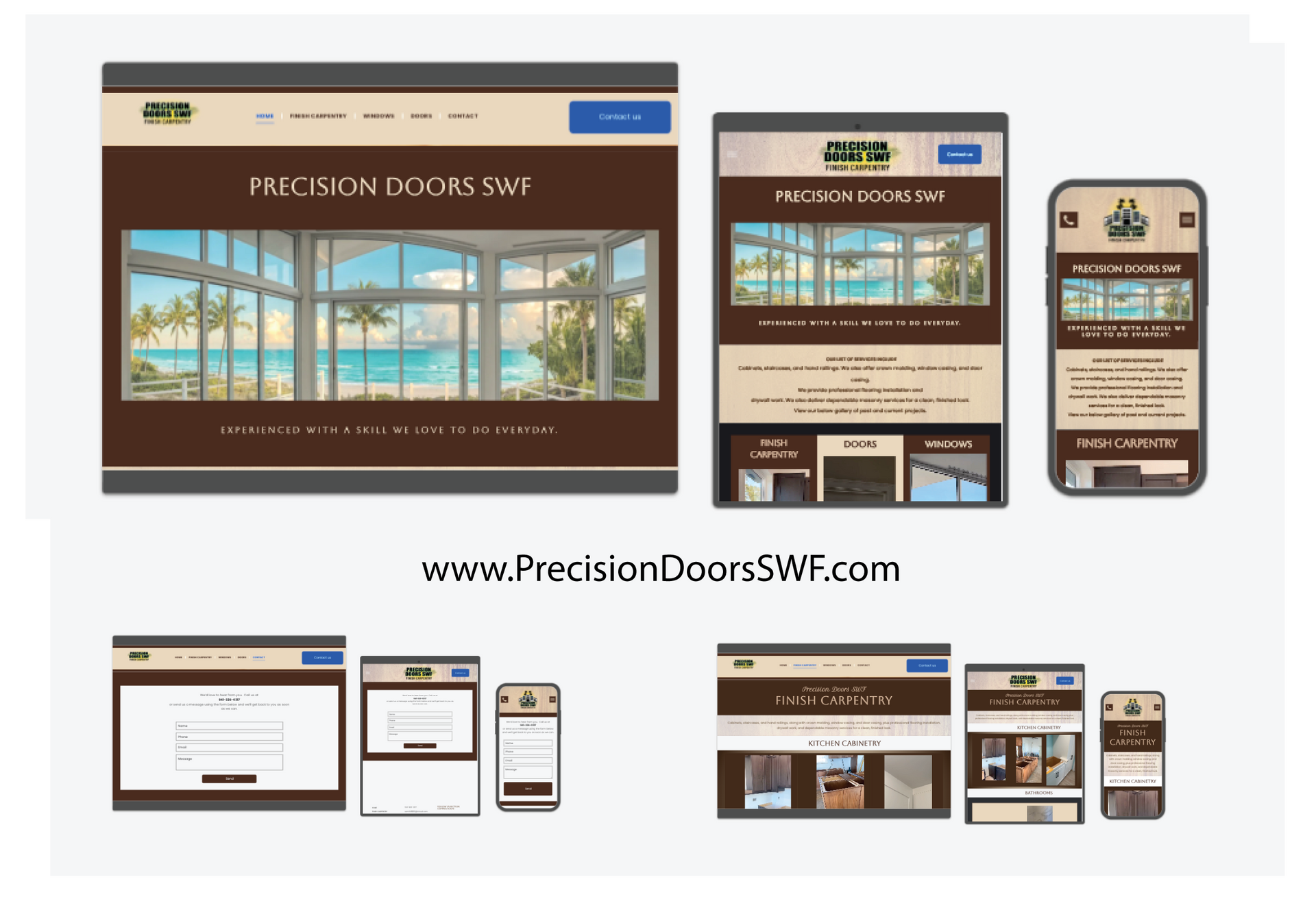 Responsive website mockups for Precision Doors SWF on desktop, tablet, and phone screens