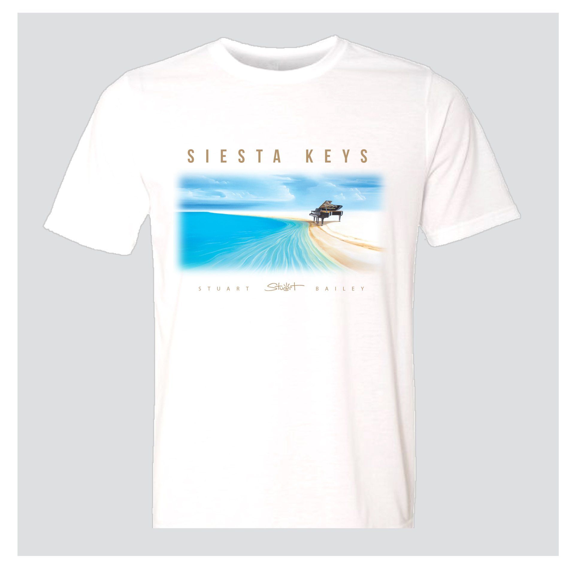 T shirt titled Siesta Keys with a painting by Stuart Bailey of a Black Yamaha Grand Piano sitting on the sand of Siesta Key