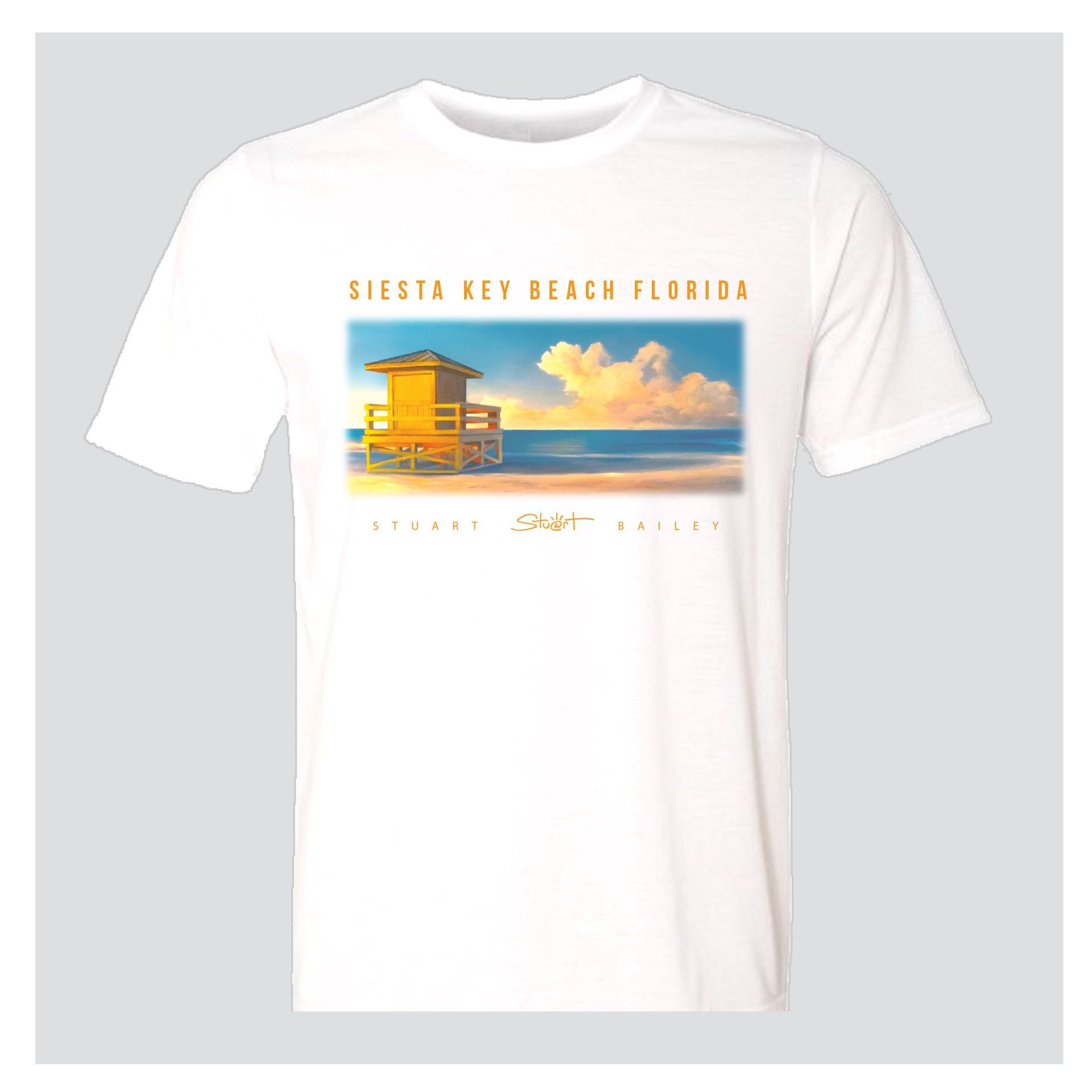 T Shirt with a painting by Stuart Bailey of a yellow lifegaurd stand on Siesta Key