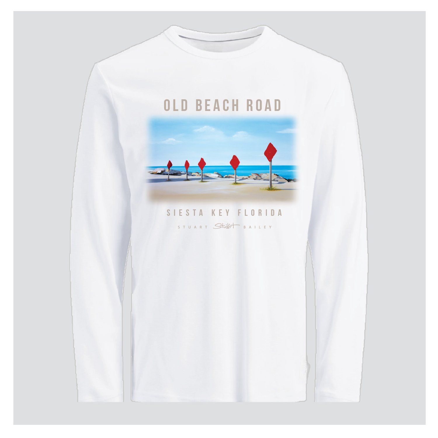 T Shirt shows a painting by Stuart Bailey of
red parking signs and water behind titled Old Beach Road Siesta Key Florida