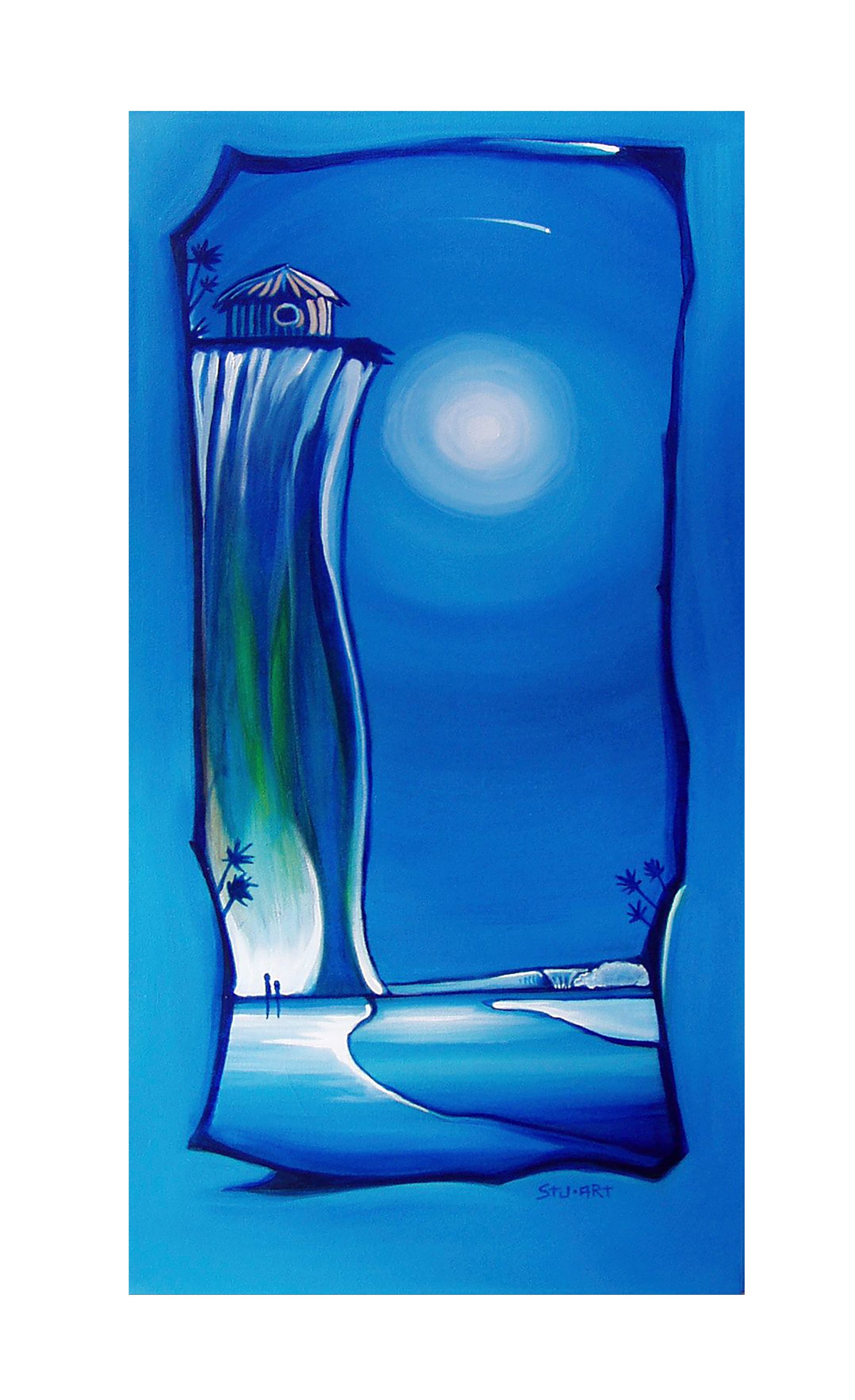 A stylized painting of a house atop a tall cliff overlooking a moonlit beach, rendered in monochromatic shades of blue.