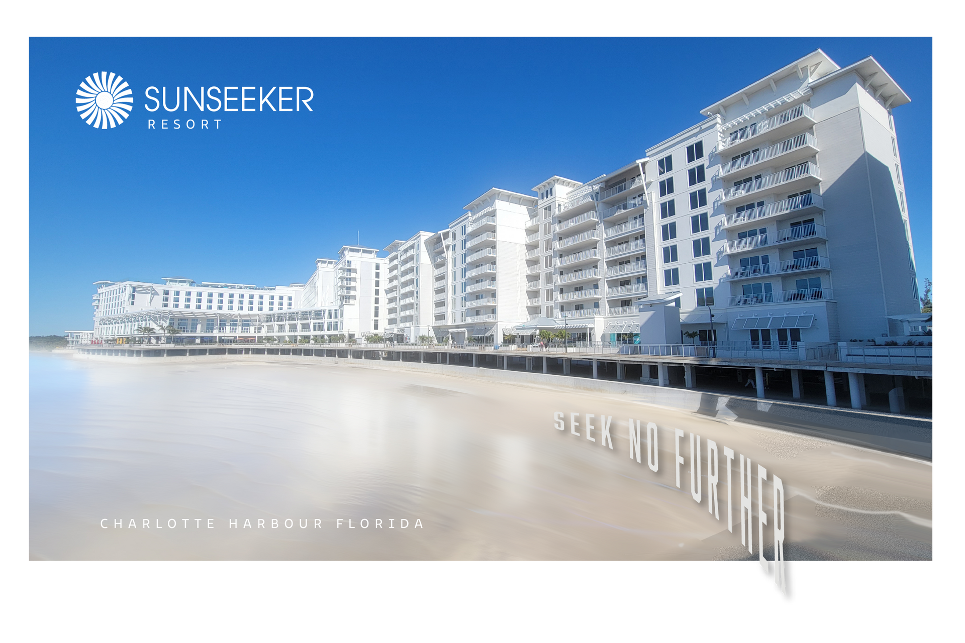 Sunseeker Resort on a white sandy beach, Charlotte Harbour, Florida. White building under a blue sky.
