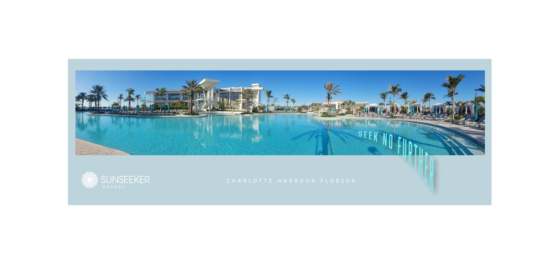 Panoramic view of a resort pool with a blue sky. Buildings and palm trees are visible. The resort logo is in the corner.
