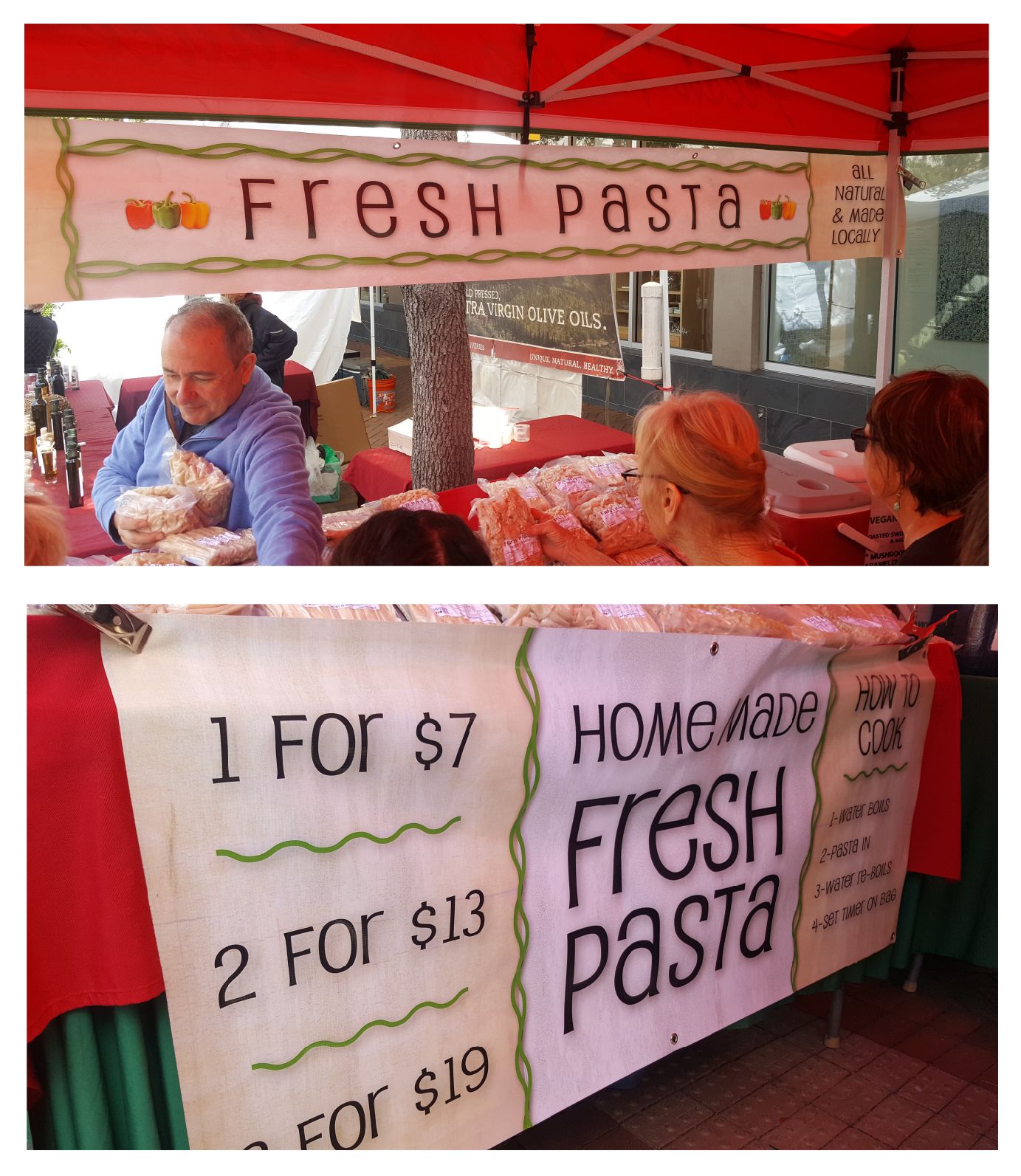 Pasta stand with handwritten sign. Offers 1 for $7, 2 for $13, fresh pasta. People. Red canopy.