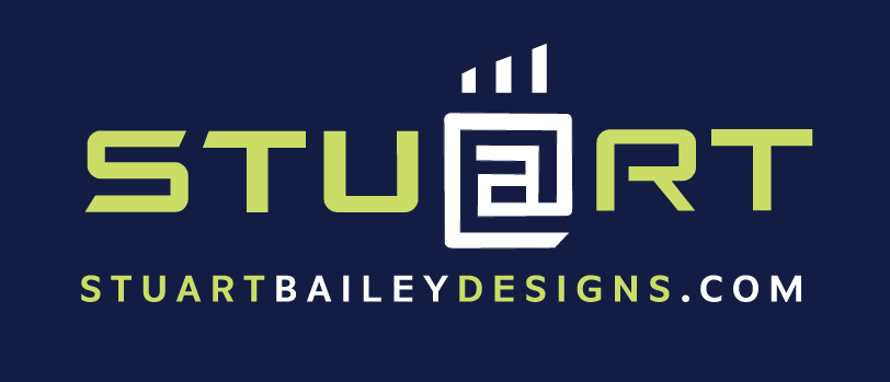 Stuart bailey designs logo on a blue background