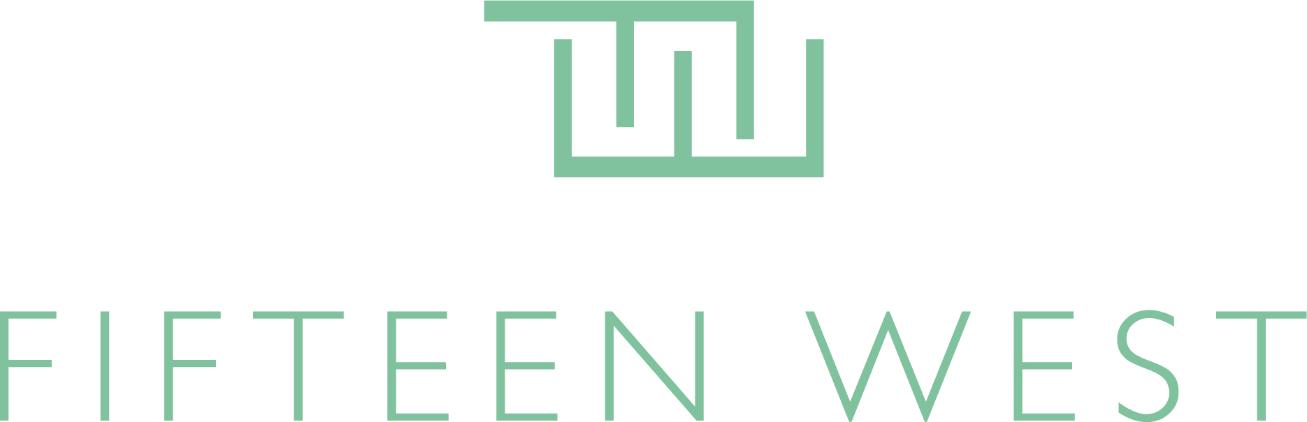 The logo for fifteen west is green and white.