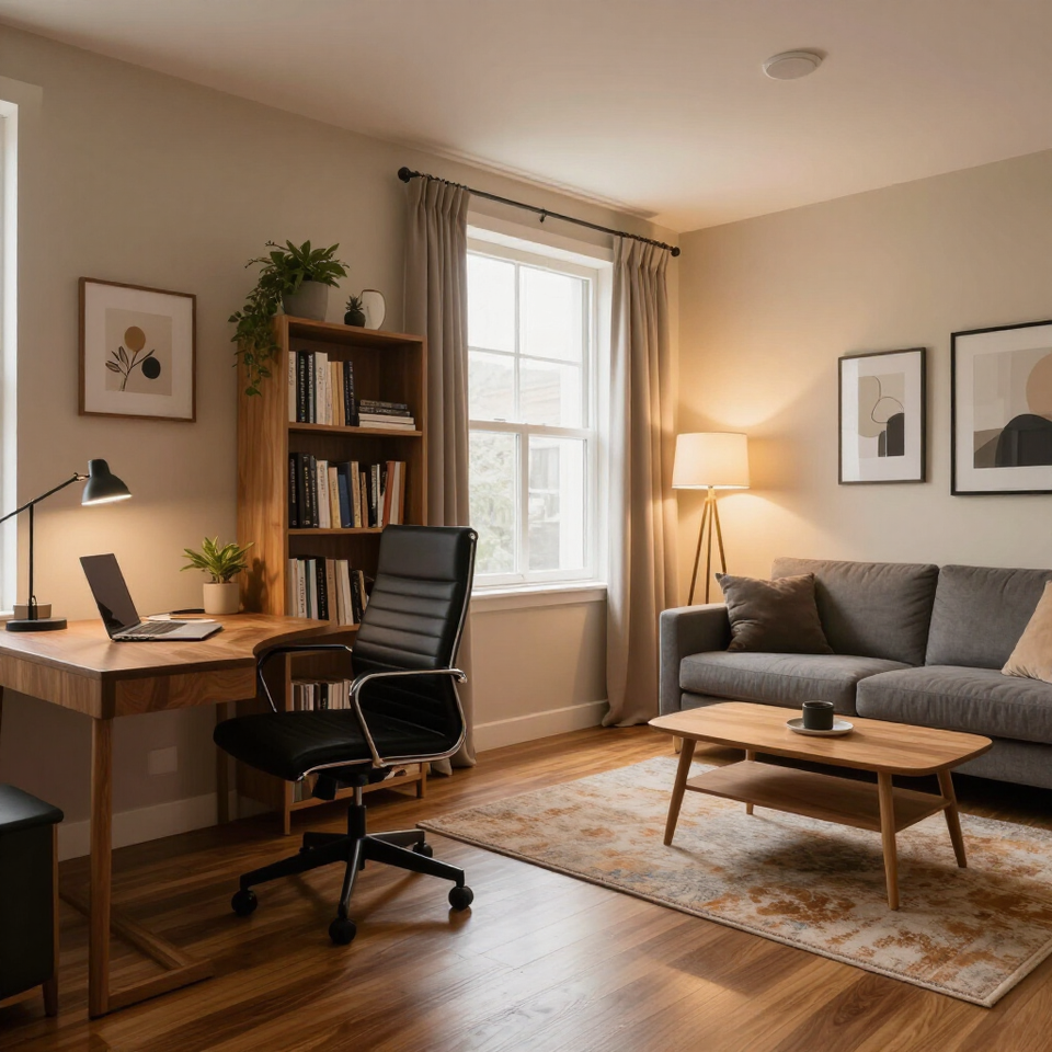 Cozy home office and living room with desk, laptop, armchair, sofa, and warm natural light
