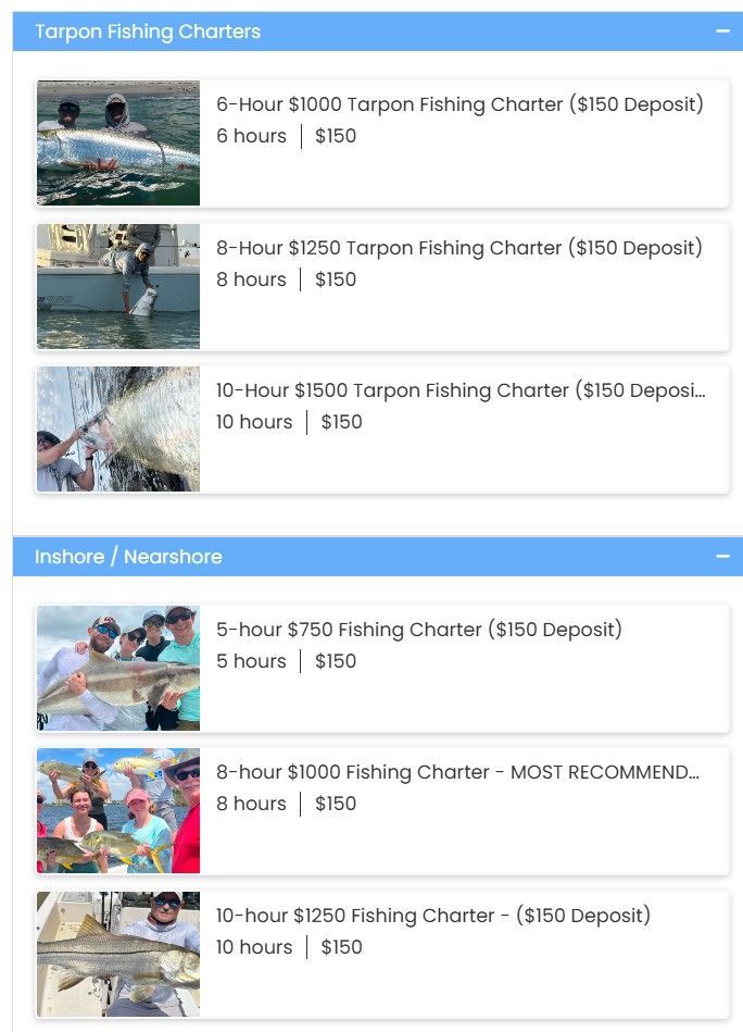 fishing charter booking calendar on website