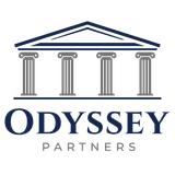 Odyssey Partners logo with navy Greek-style columns and text on a white background