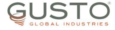 Gusto Global Industries logo in gray and orange with a stylized striped globe icon