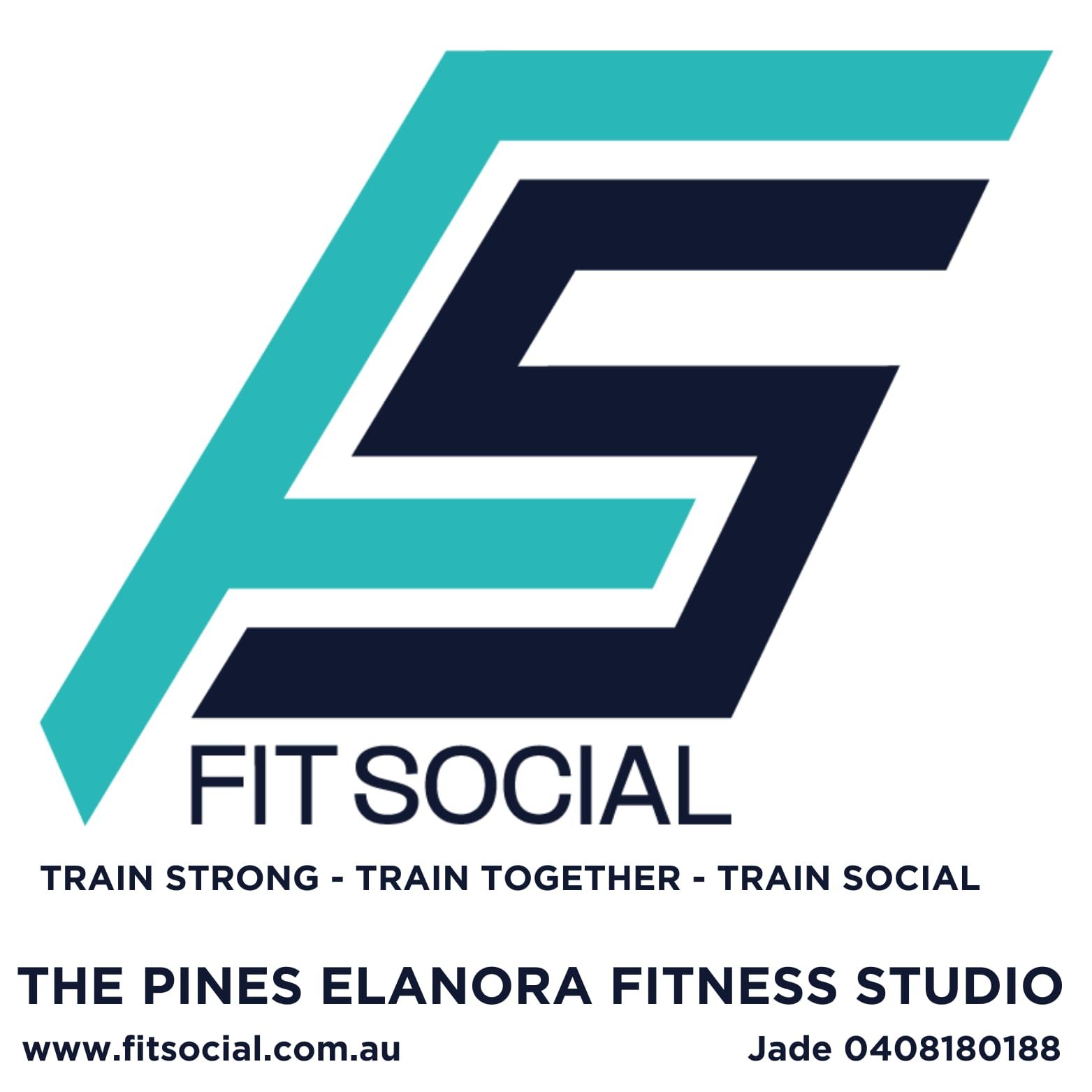 FITSOCIAL logo with teal and navy stylized S, plus The Pines Elanora Fitness Studio text and website