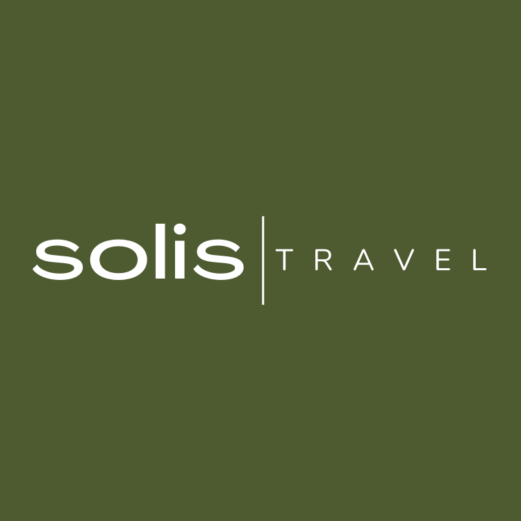 Solis Travel logo in white on an olive green background