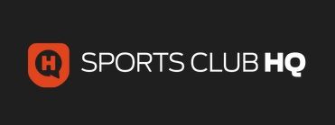 Sports Club HQ logo with orange shield icon and white text on dark background