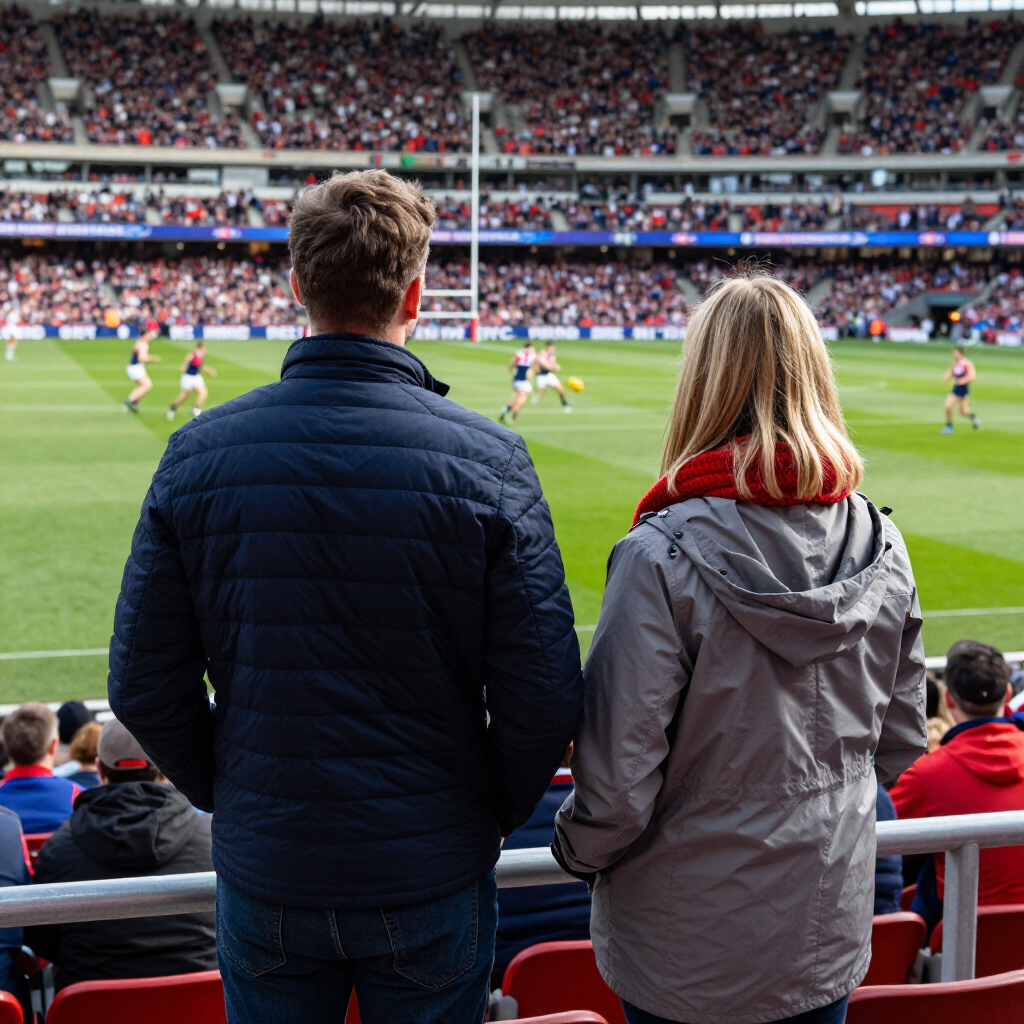 Spectators in jackets watching a soccer match from the stadium stands