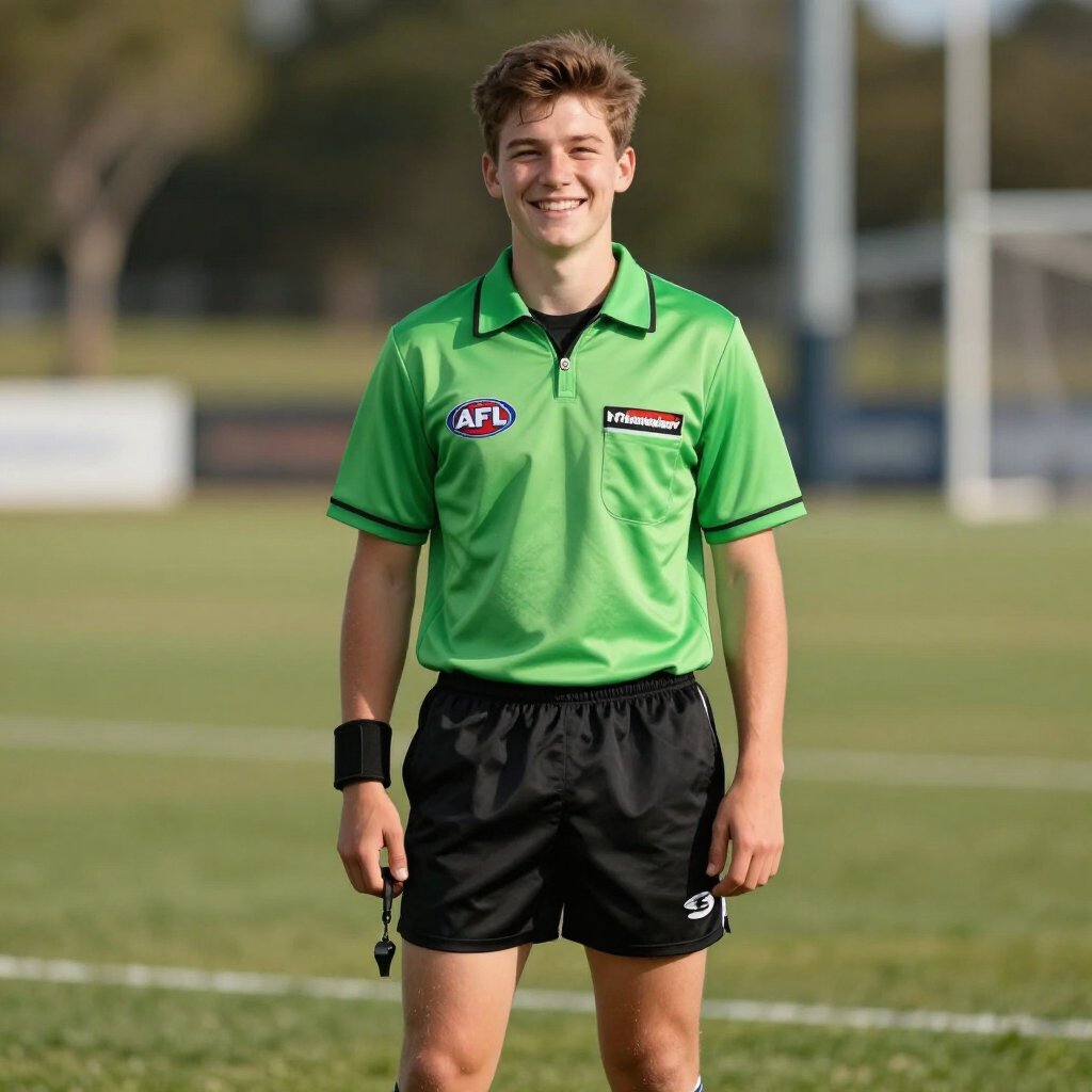 Soccer referee in neon green shirt and black shorts standing on a field under clear sky