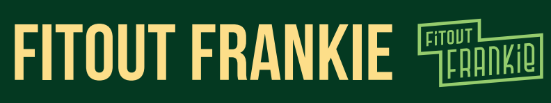 Yellow “FITOUT FRANKIE” logo with a smaller green-outlined badge on a dark green background