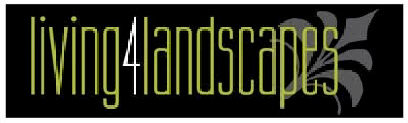 Logo reading “living4landscapes” in green and gray on a black background, with a leaf graphic