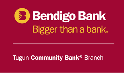 Bendigo Bank logo and slogan “Bigger than a bank” on red background, with Tugun Community Bank branch text