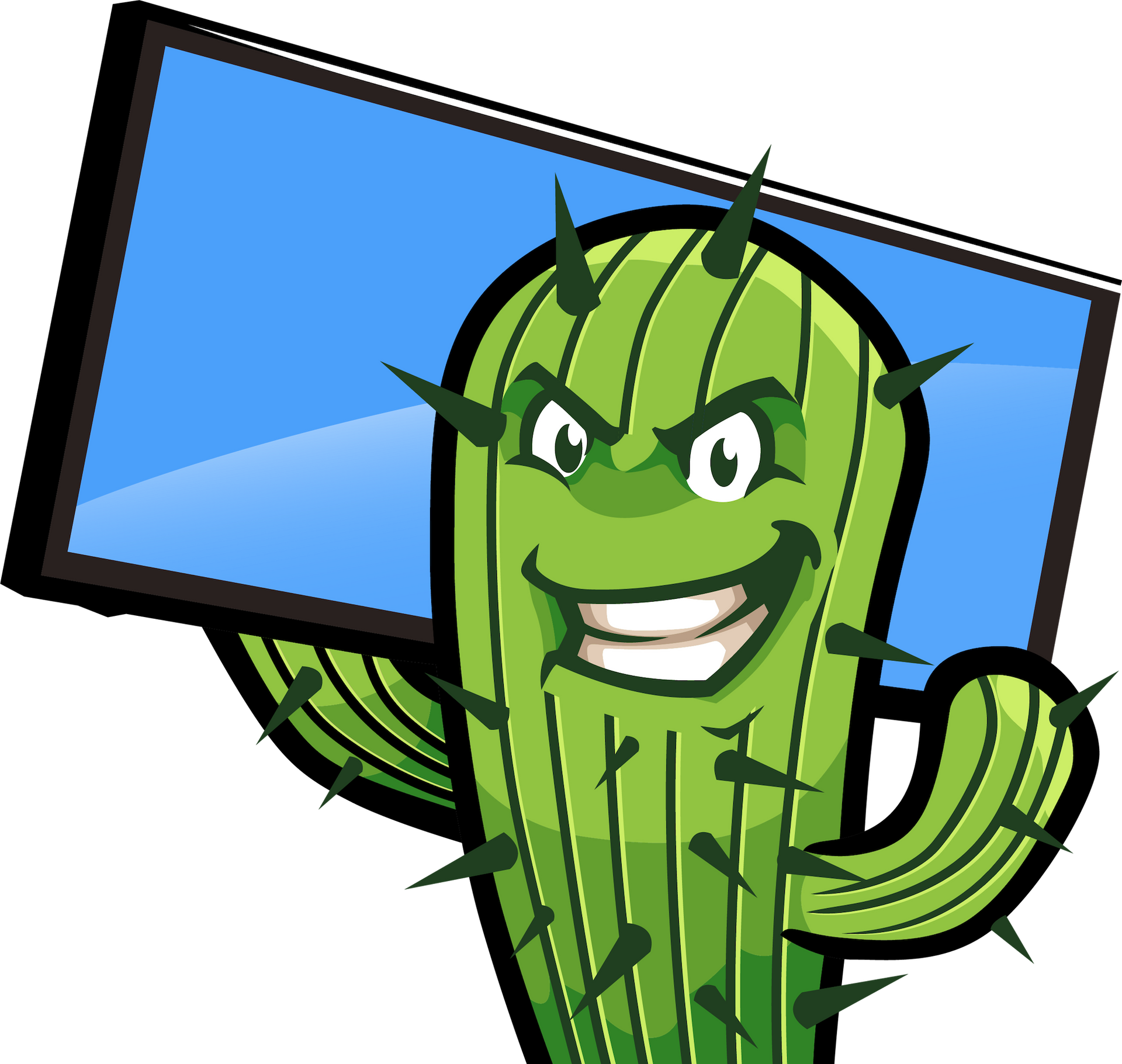 Cartoon cactus with a grin holding up a blue screen