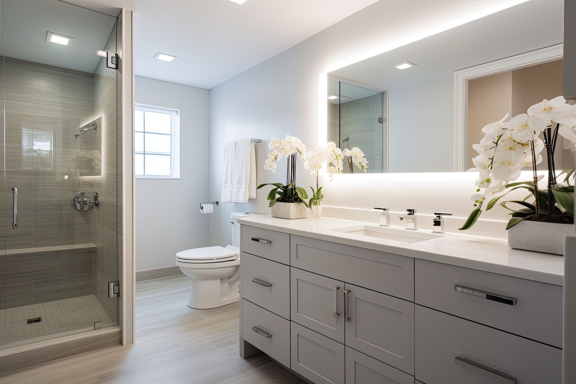 Modern bathroom with glass shower, double vanity, large mirror, and white orchid decor
