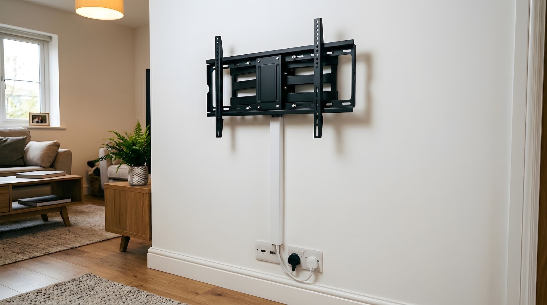 Wall-mounted TV bracket on a white living room wall with cables and outlets below