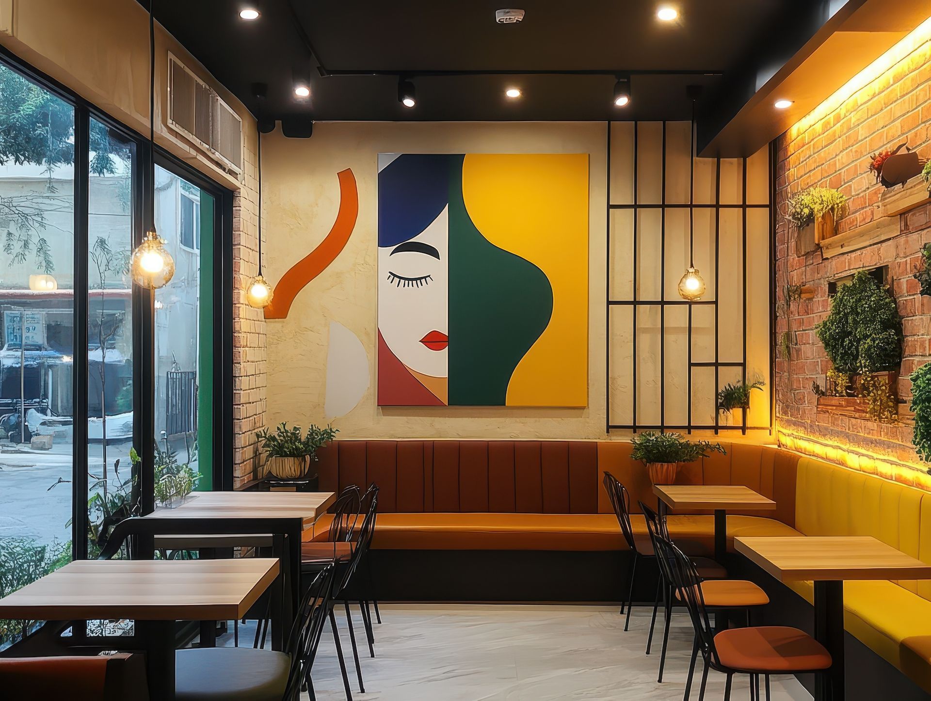 Modern café interior with black tables, tan banquettes, warm lights, and a colorful portrait on the wall