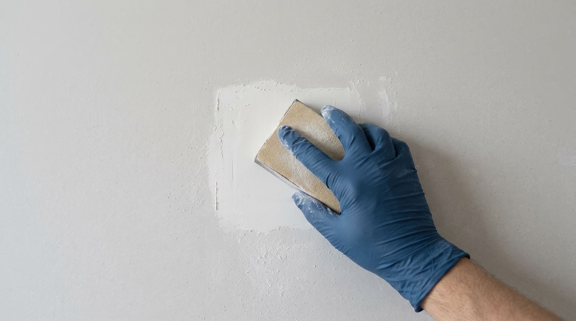 Blue-gloved hand sanding a white wall patch with sandpaper
