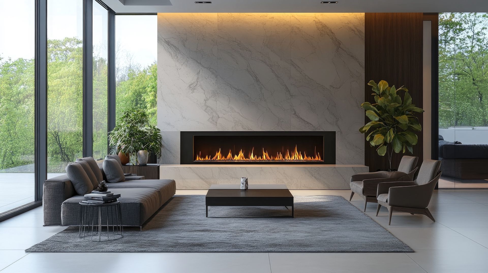 Modern living room with a linear fireplace, gray seating, large windows, and a marble accent wall.