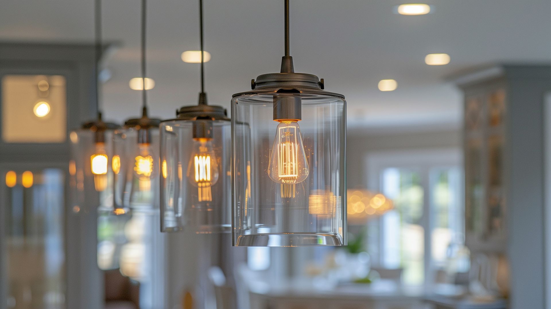 Modern glass pendant lights with warm bulbs hanging in a softly blurred interior.