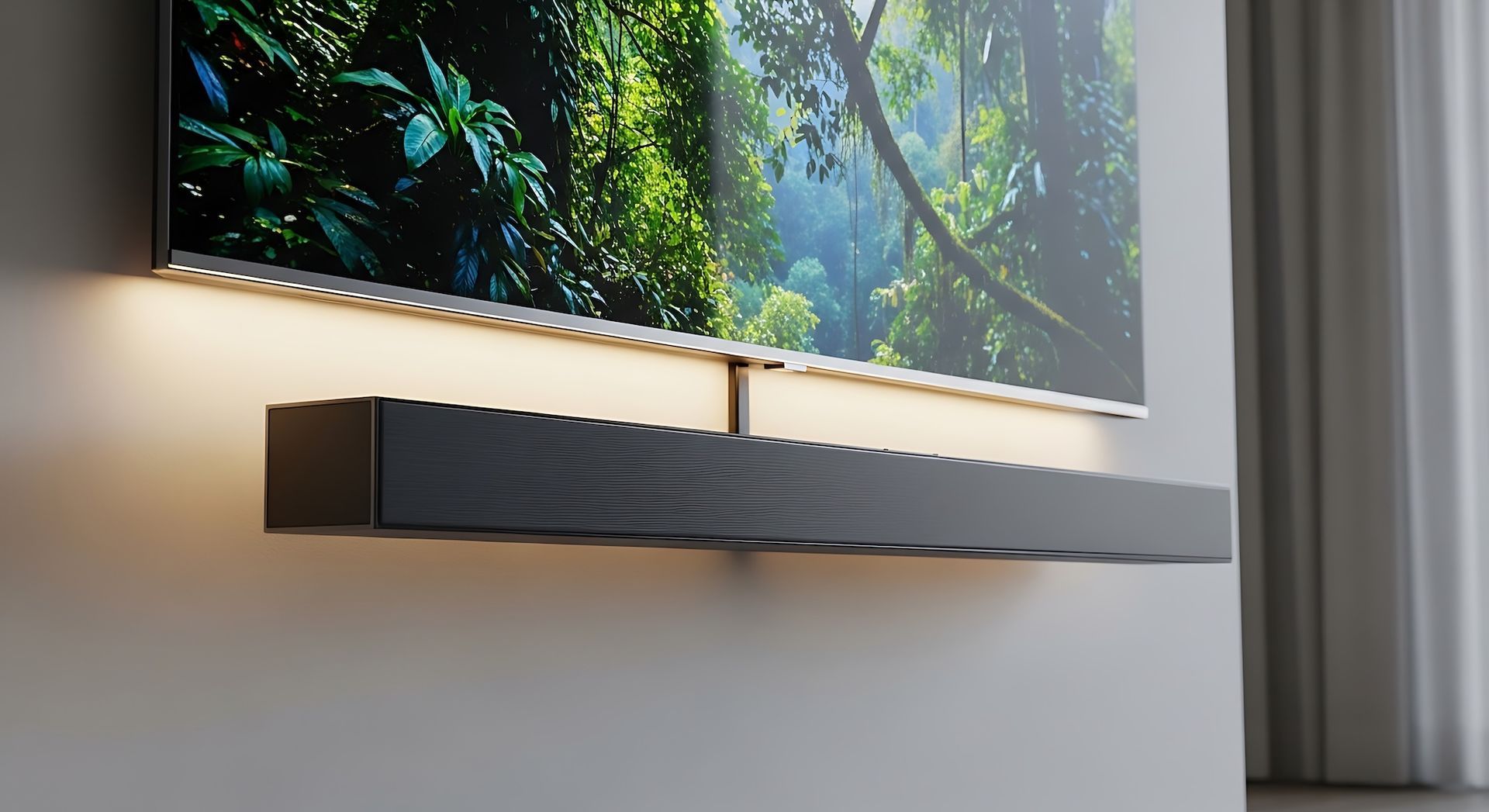 Wall-mounted dark speaker beneath a framed forest landscape in a modern room