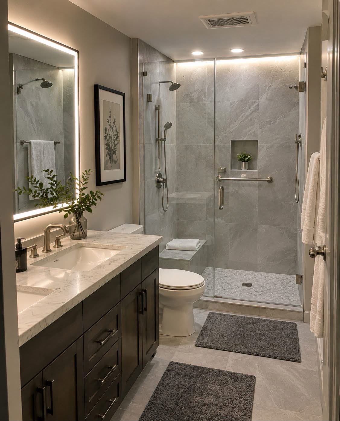 Modern bathroom with double vanity, large mirror, toilet, and glass walk-in shower in neutral tones