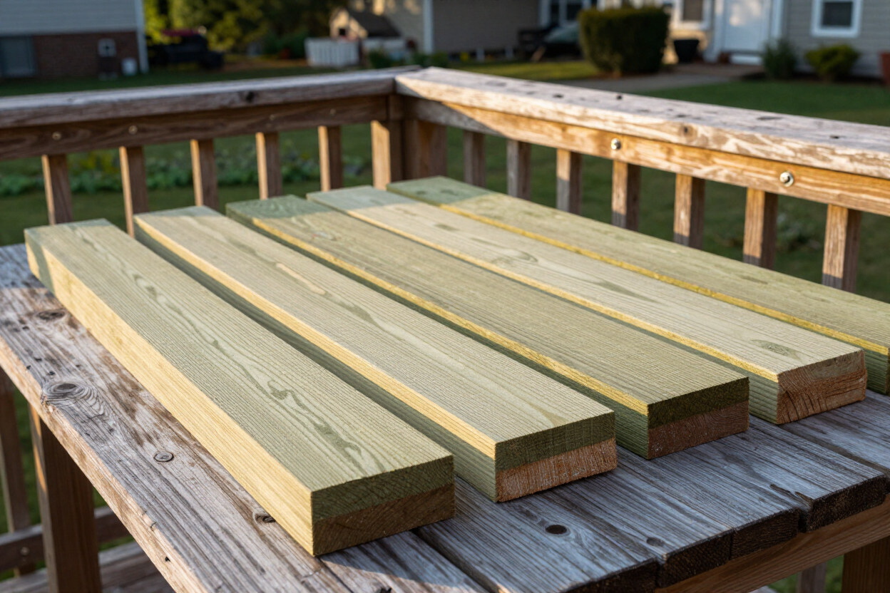 Composite and wood deck board material samples shown at a Level Up Home Improvement project site in Paterson, NJ