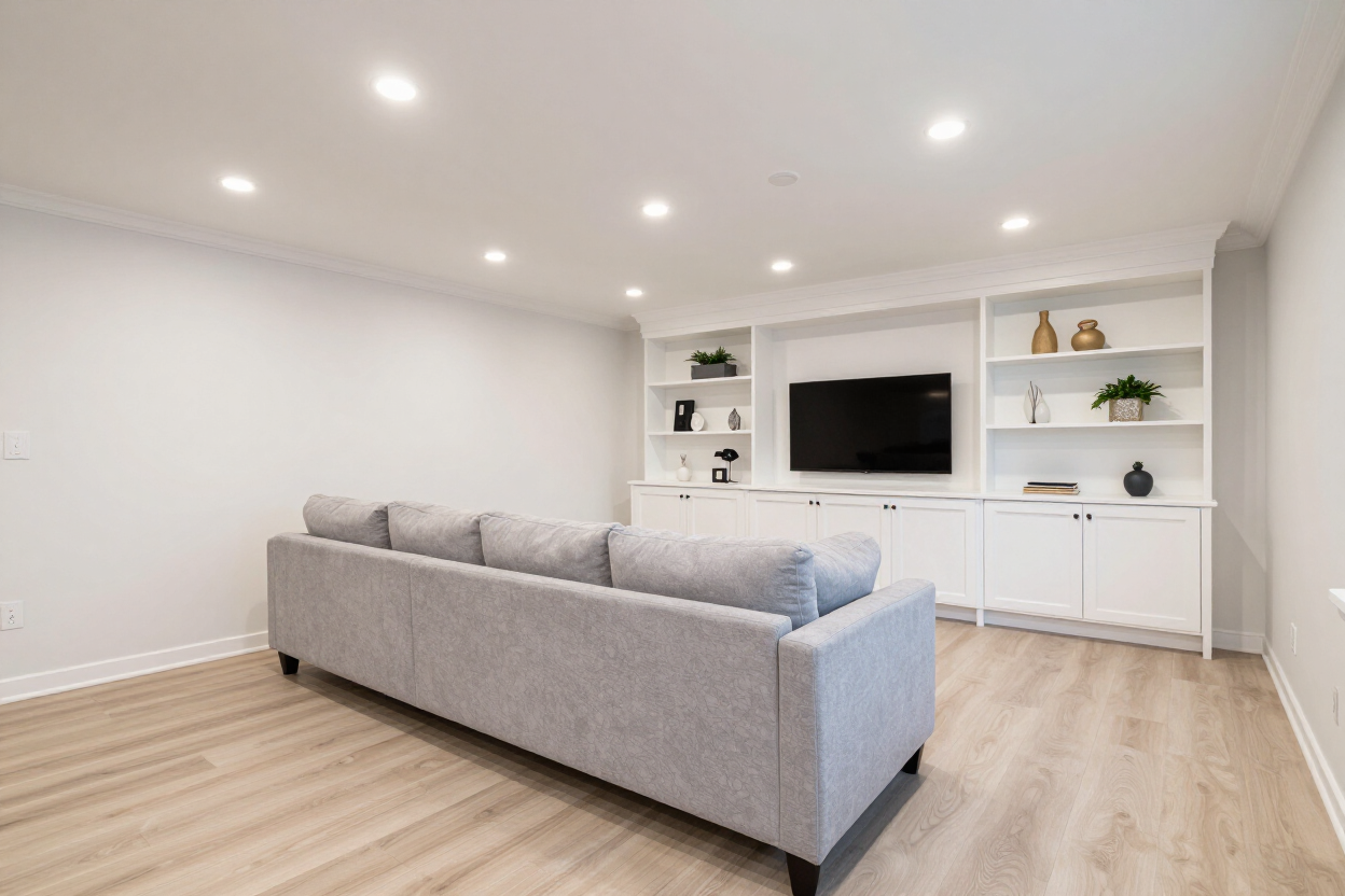 Finished basement family room with LVP flooring and recessed lighting, basement finishing Paterson NJ