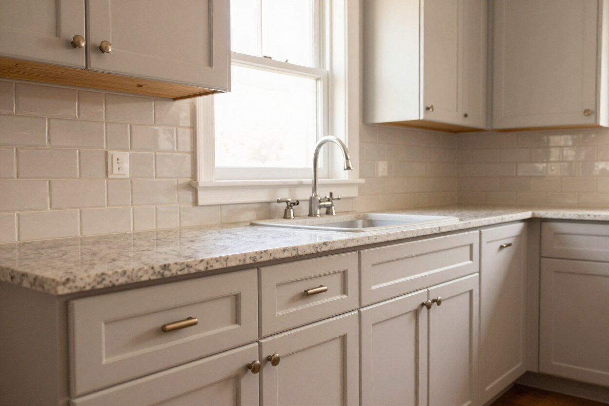 Custom shaker cabinets and quartz countertops installed in a Paterson NJ kitchen remodel by Level Up Home Improvement.