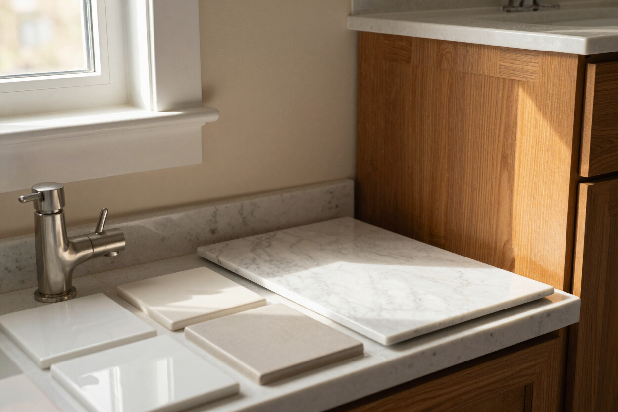Bathroom tile samples, fixtures, and vanity options for a remodeling project by Level Up Home Improvement in Paterson NJ