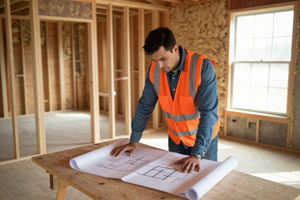 Level Up Home Improvement contractor reviewing home renovation plans at a Paterson NJ remodeling project