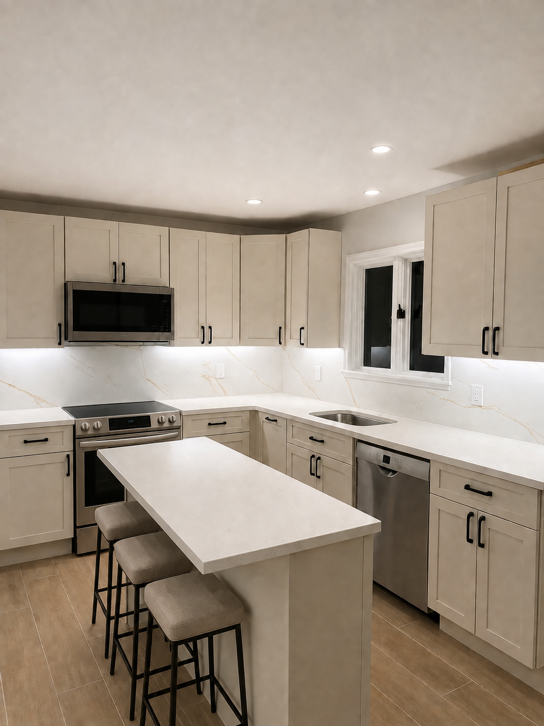Bright modern kitchen with white cabinets, island, stools, and stainless steel appliances.
