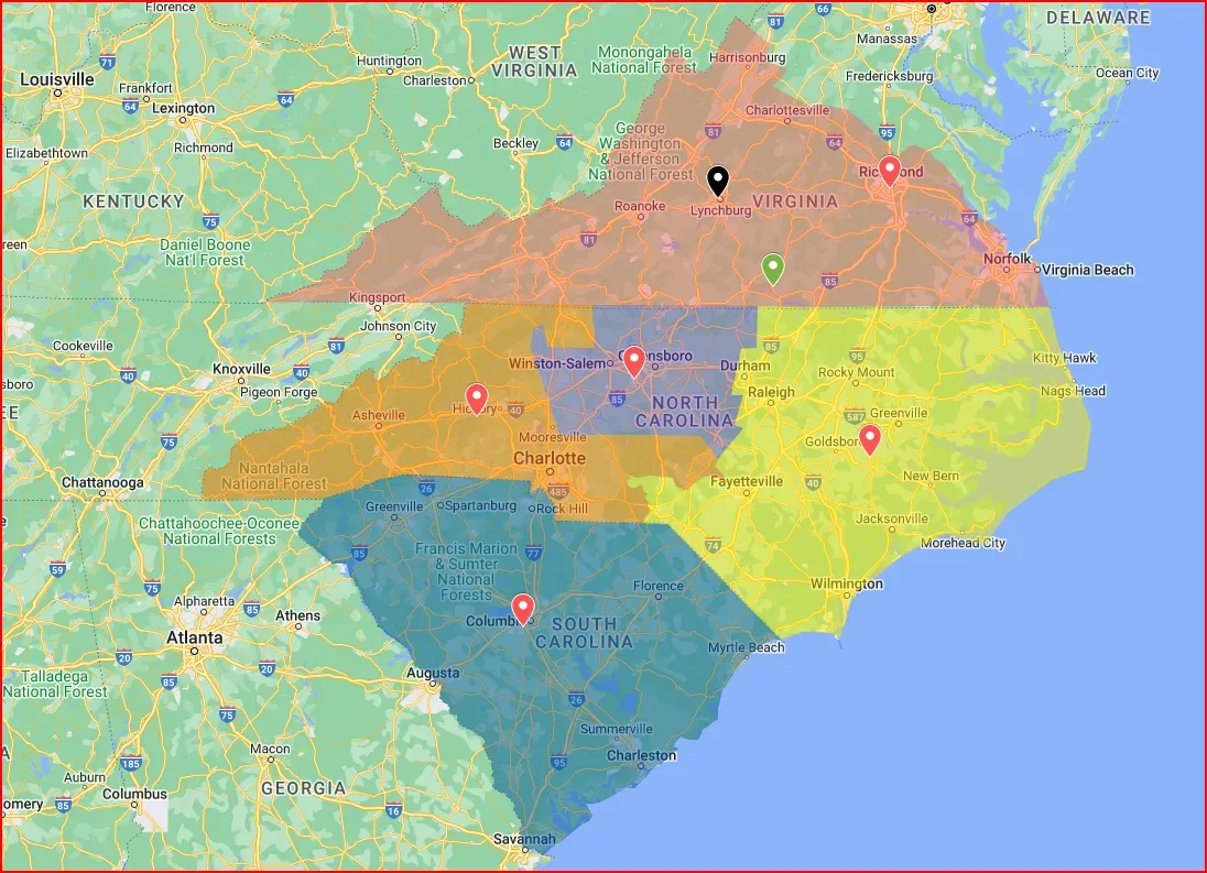 A map of north carolina with a red circle in the middle.