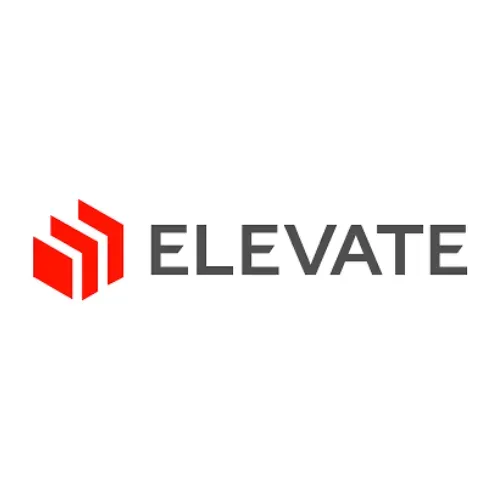 A logo for a company called elevate with a red cube on a white background.