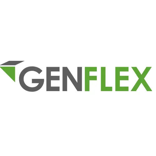 A green and gray logo for genflex on a white background.