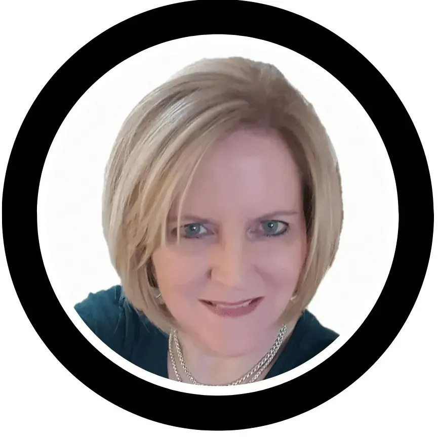 A woman is smiling in a black circle on a white background.
