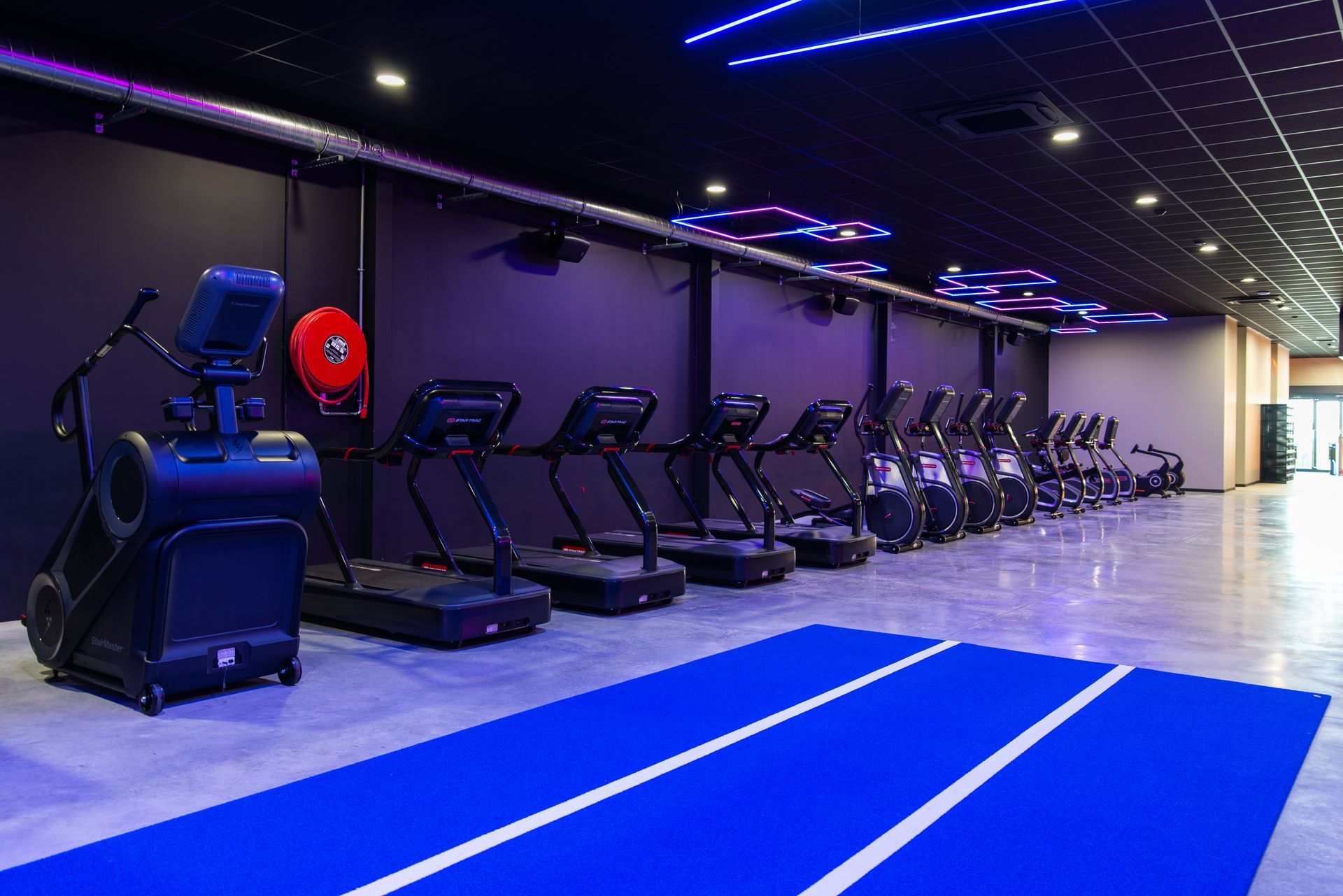 In een gymzaal staan een aantal loopbanden opgesteld met een blauwe mat.