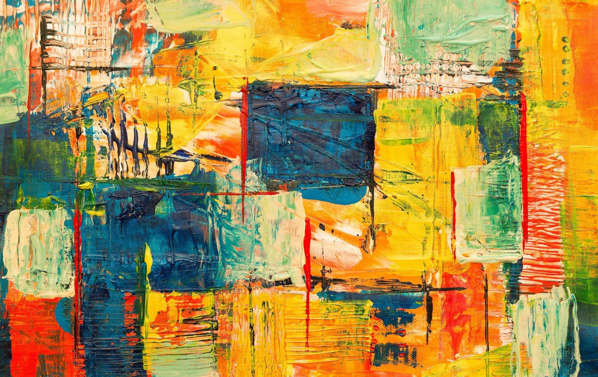 A close up of a colorful painting on a wall